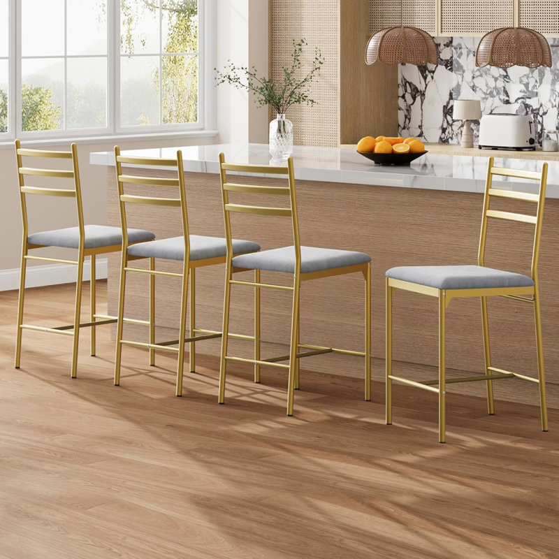 Counter Height Bar Stools Set of 4, Ergonomic Upholstered Bar Chairs with Backrest, Metal Frame for Kitchen Counter and Island