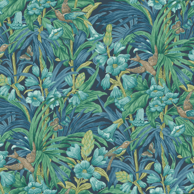 Floral 32.82' L x 27.58" W Wallpaper Roll, Indigo/Teal