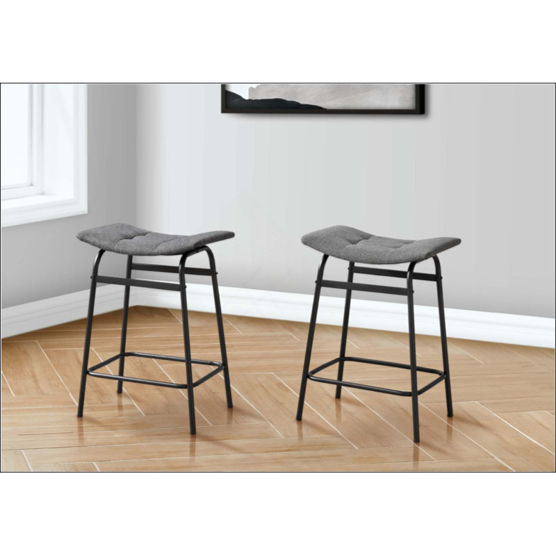 Barstool, Counter Height, Set Of 2, Kitchen, Metal, Contemporary, Modern, Gray Seat/ Black Frame
