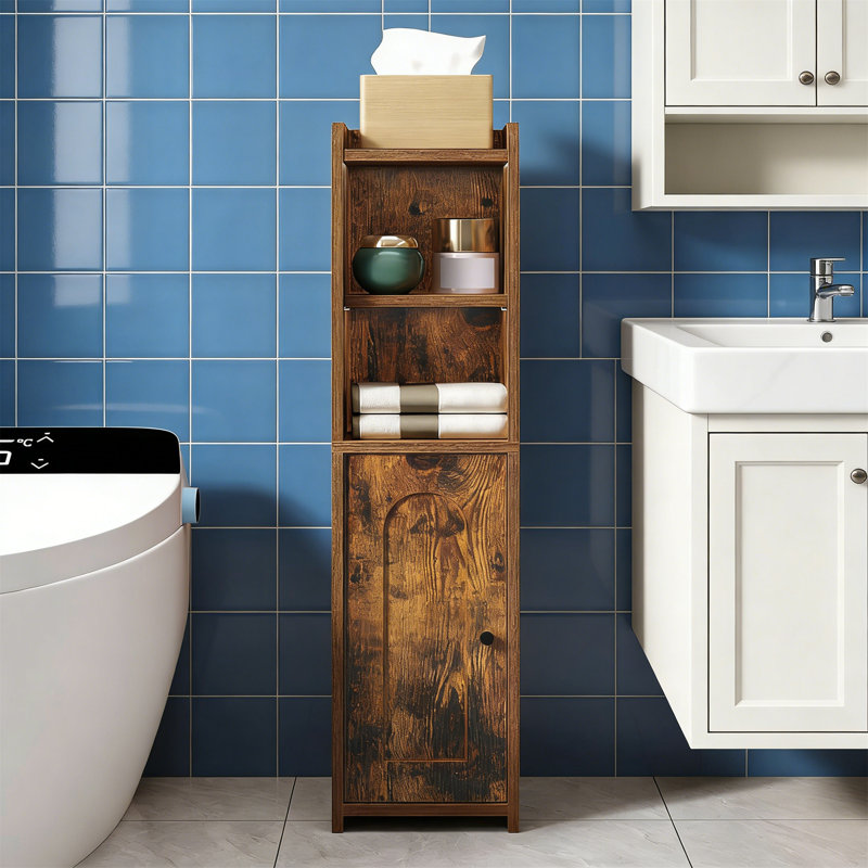 Brown Narrow Corner Bathroom Storage Cabinet With Doors And Adjustable Shelf, Brown