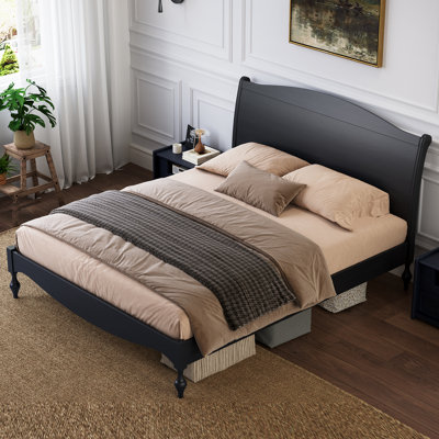 Cadre de grand lit en bois avec tête de lit, lit plateforme rétro, tête de lit arquée traditionnelle et pied de lit, grand rangement sous le lit, aucun sommier nécessaire, assemblage facile, noir