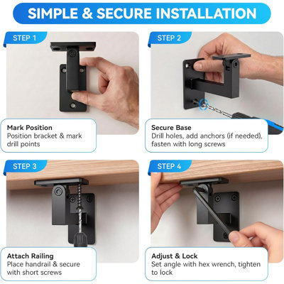 Ensemble de 4 supports de main courante réglables, supports de rampe d'escalier noir mat robustes avec support triangulaire à 3 trous, support de main courante pivotant à 270 ° pour rampes en bois ou en acier
