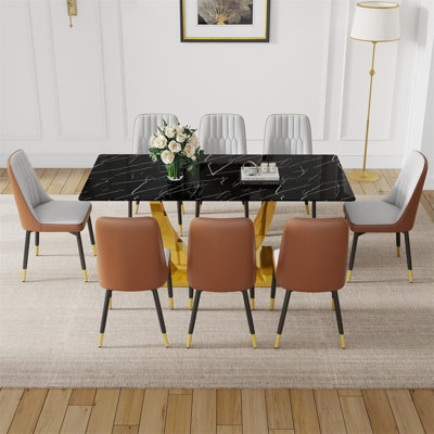 Ensemble de table de salle à manger noire pour 8 personnes, ensemble de table de salle à manger de 71 po avec pieds chromés en forme de U, table de cuisine moderne et chaises, ensemble de 8 chaises pour salle à manger, structure très brillante et robuste
