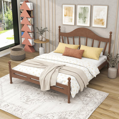 Wood Platform Bed with Slats and Curved Headboard