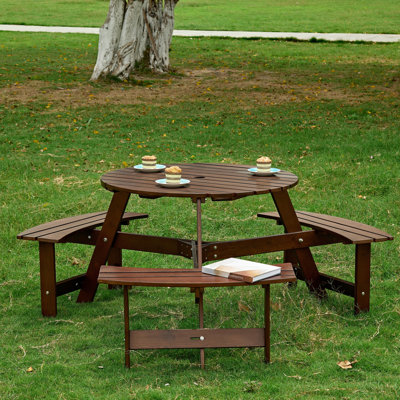 Table de pique-nique pour 6 personnes à usage de jardin - 3 bancs de parasol à bord lisse, bancs intégrés, trou, porche