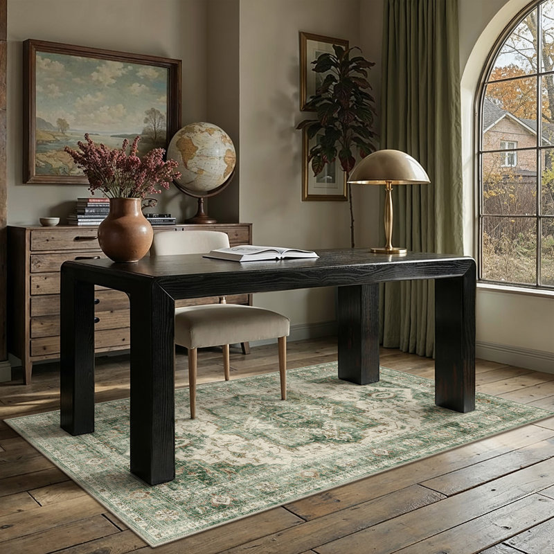 Tapis vert Artisanal avec lavable à la machine et antidérapant, Vert, Rectangulaire 3 pi x 5 pi