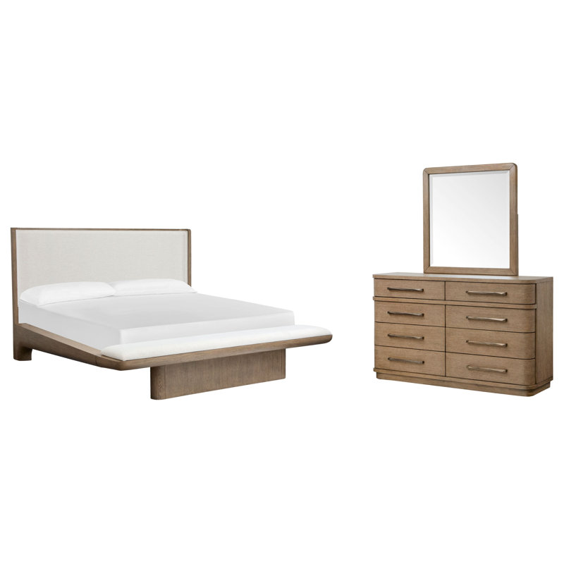 Lit plateforme rembourré King et commode à tiroirs avec miroir portrait