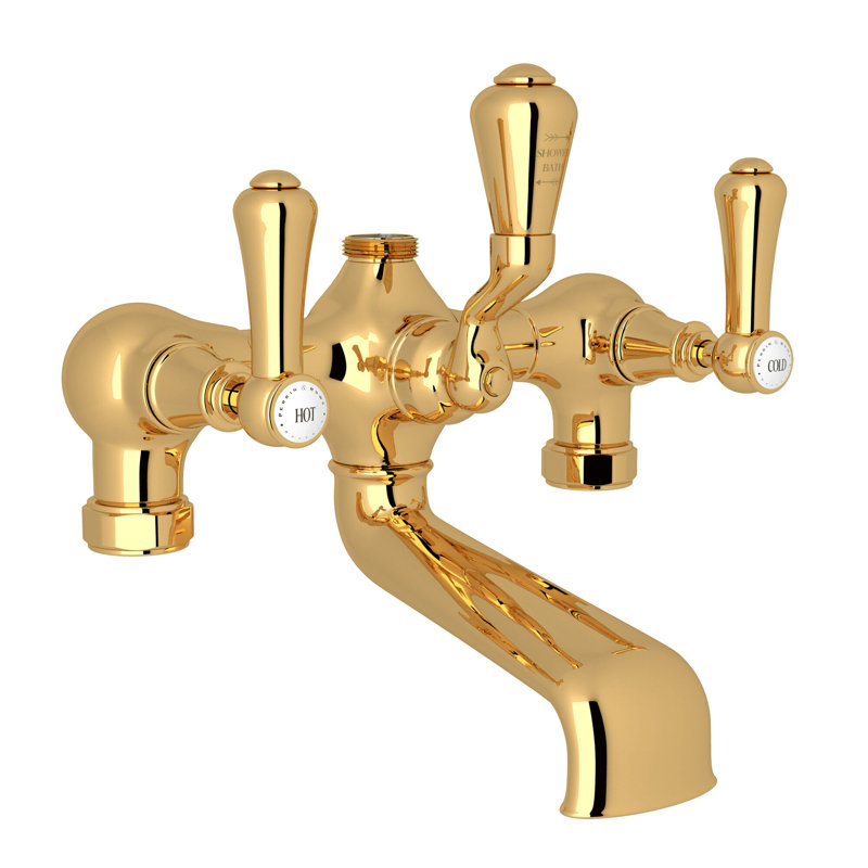 Georgian Era Triple Handle Deck Mounted Clawfoot Tub Faucet, English Gold, Metal Lever Handle