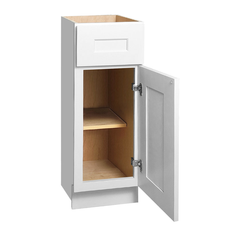 Armoire inférieure blanche à porte simple en bois massif pour la buanderie, la cuisine et la salle de bain, tablettes réglables, charnière à fermeture en douceur, système Easy Click, caoutchouc, tiroir, dimensions de la salle de bain 18 x 34,5 x 24