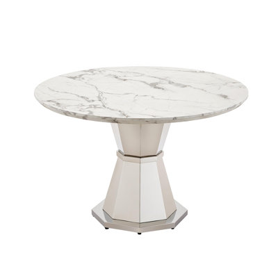 47" Round Marble Dining Table, Modern Kitchen Table with High Gloss Faux Marble Tabletop and Stainless Steel Base for Dining Room, Kitchen (Sliver,White)(only table)