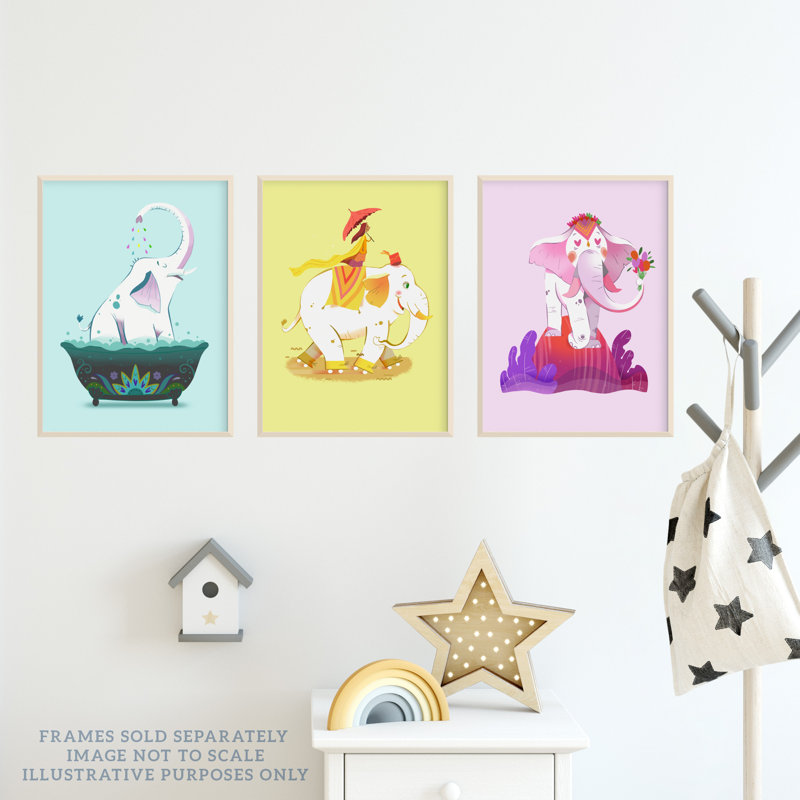 Kids Bedroom Cute White Happy Elephants Yellow Pink Blue - 3 Piece No Frame Print Set, 29.7cm H x 21cm W x 0.4cm D