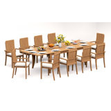 9 Pcs Grade-A Teak Wood Dining Set: 122" Atnas Double Extension Rectangle Table And 8 Goa Stackng Arm Chairs #11GO2808