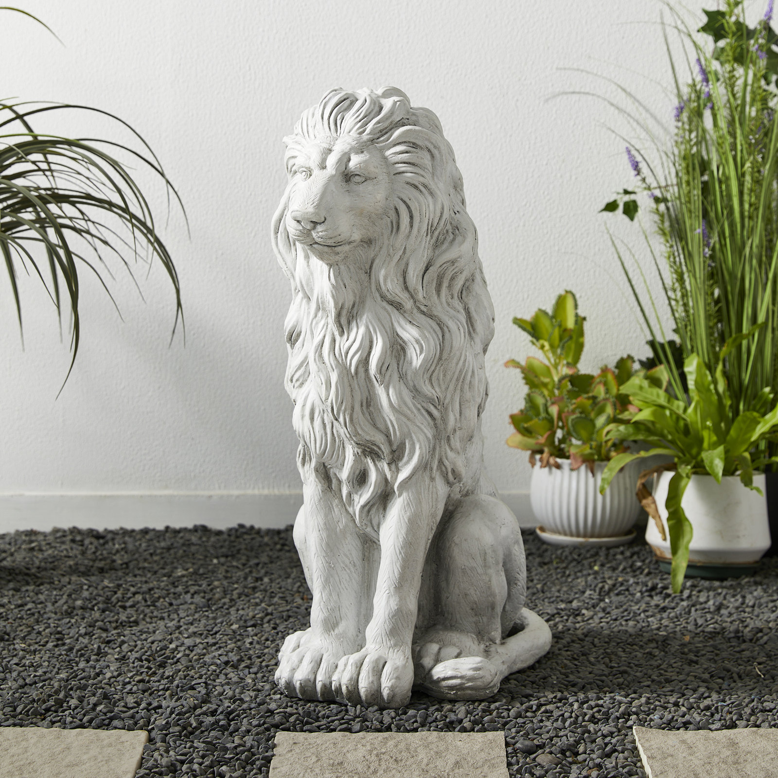Irizarry Weather-Resistant Lion Garden Statue, White, 27.75" H x 16.25" W x 11.5" D, 1