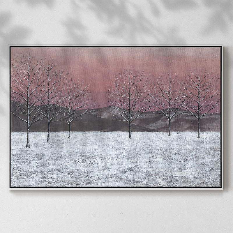 «Sunset Snowfall I», peinture sur toile encadrée, H 27 po x l 41 po x P 2 po, Cadre blanc