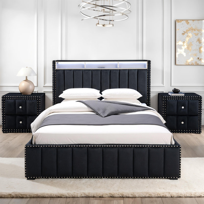 Glamorous Black Color 1Pc Full Size Bed Storage Shelve LED Channel Tufting Bedroom Furniture Fabric Nailhead, Twin, Black