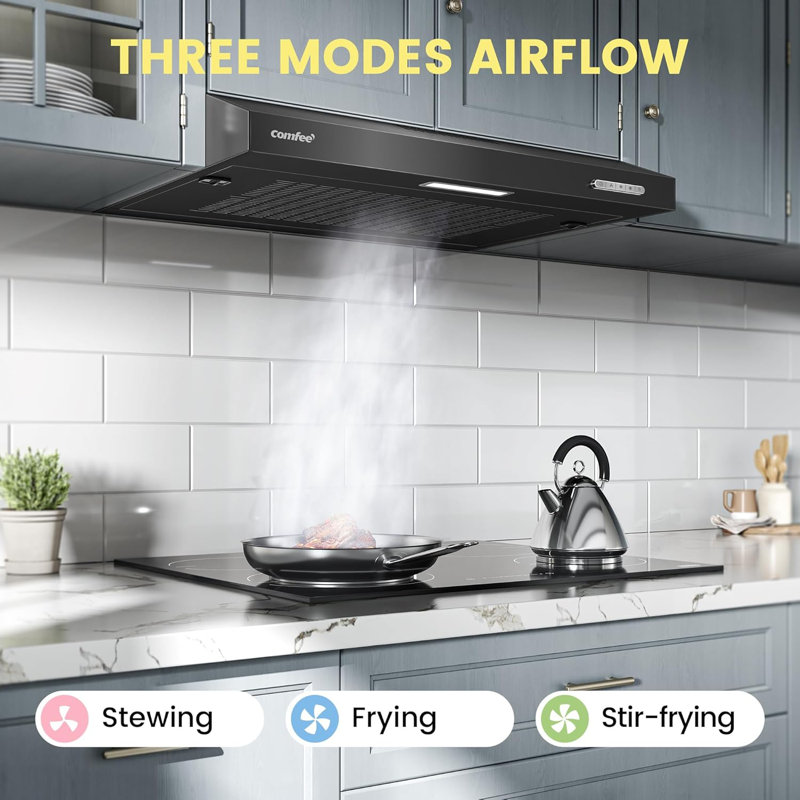 60cm Stainless Steel Under Cabinet Mount Range Hood with 3-Speed Modes, Black