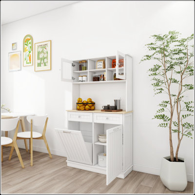 Armoire de rangement pour poubelle de cuisine de 67,7 pouces de hauteur avec 3 tablettes réglables, 2 tiroirs et 1 compartiment à poubelle inclinable pour espaces polyvalents