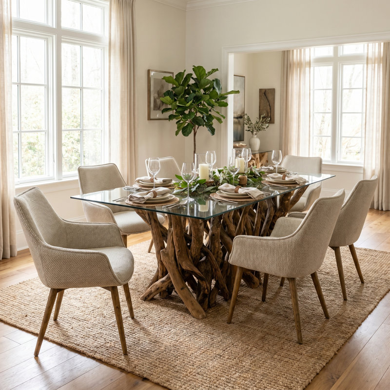 Mack Glass Top Solid Wood Base Dining Table