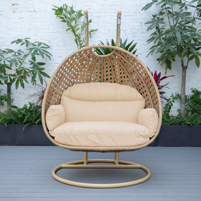 Fauteuil d'œuf d'extérieur en osier pour 2 personnes avec support et coussins Mendoza - Double balancelle suspendue résistante aux rayons UV pour patio et jardin