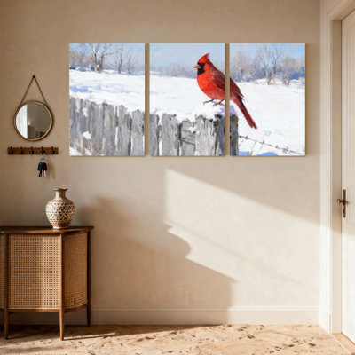 Birds Cardinal On Snowy Fence Winter Scene Set of 3 Canvas Wall Art Prints