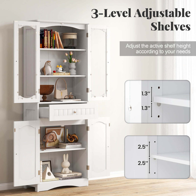 63" Tall Bathroom Cabinet with Tempered Glass Doors Adjustable Shelves Large Drawer, White