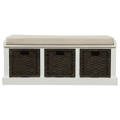 Rustic Storage Bench with 3 Removable Classic Rattan Basket , Entryway Bench with Removable Cushion 