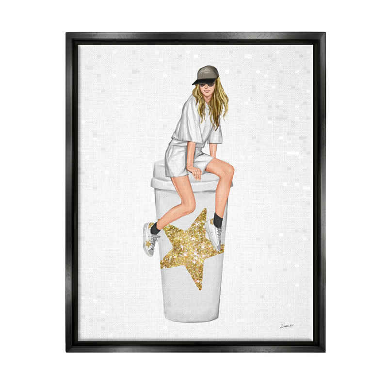 «Girl In Cap Glam Coffee Cup» par Ziwei Li, impression, Cadre flottant noir de jais, H 21 po x l 17 po x P 1,7 po