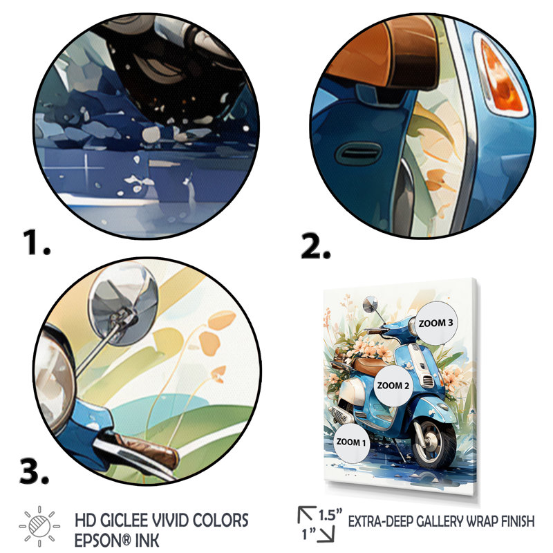 Bleu, scooter côtier, croiseur II, art mural de salon, H 20 po x l 12 po x P 1 po, Cadre flottant blanc