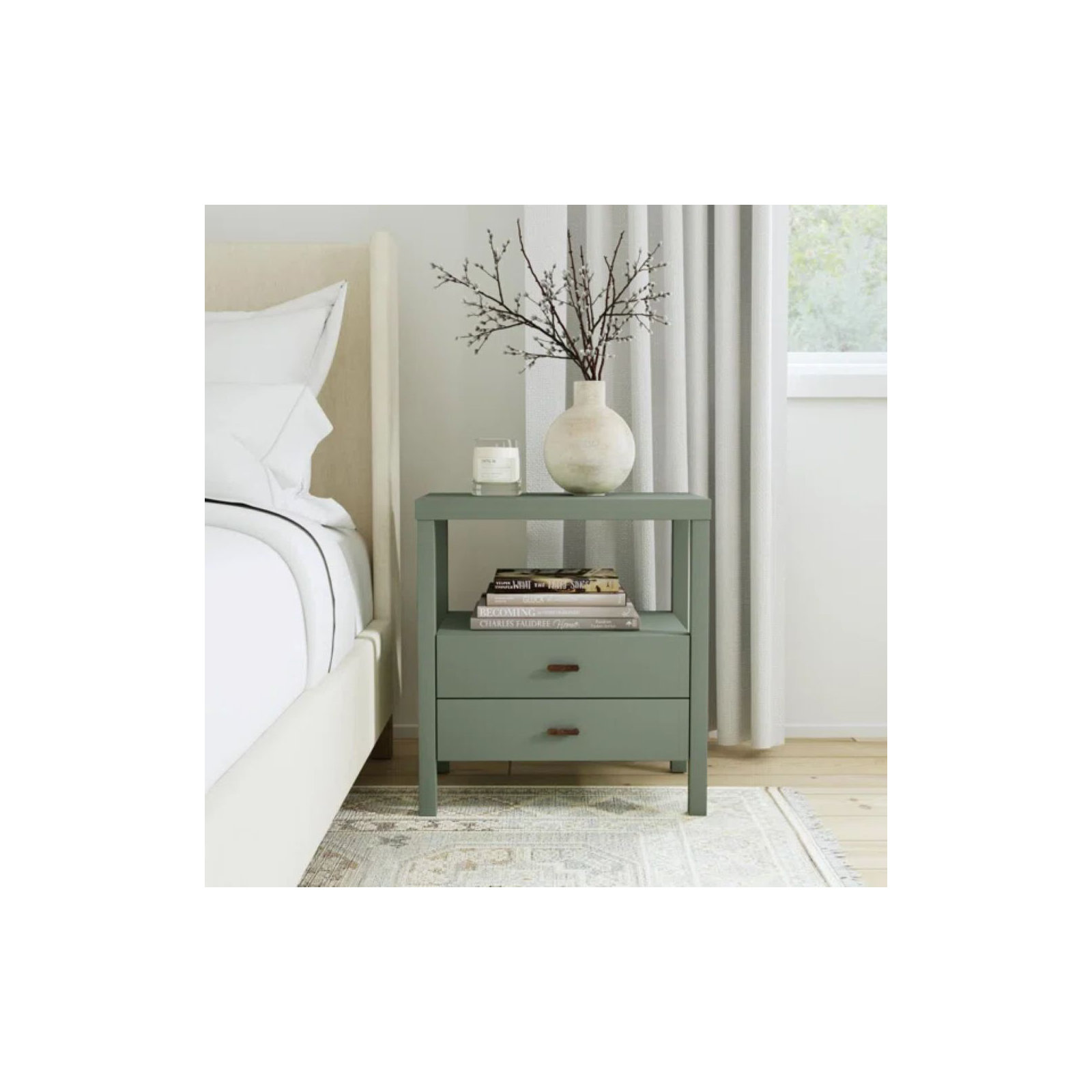 Francisca 2 - Drawer Solid Wood Nightstand, Green