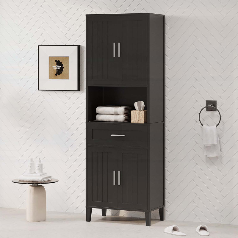 Armoire de salle de bain moderne avec tiroir, portes à fermeture en douceur et rangement ouvert, rangement polyvalent, Noir