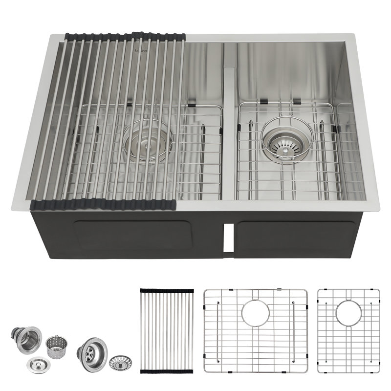 30'' L x 19'' W Undermount Stainless Steel 60/40 Double Bowl Kitchen Sink with Sink Grid, Strainer and Roll-up Rack