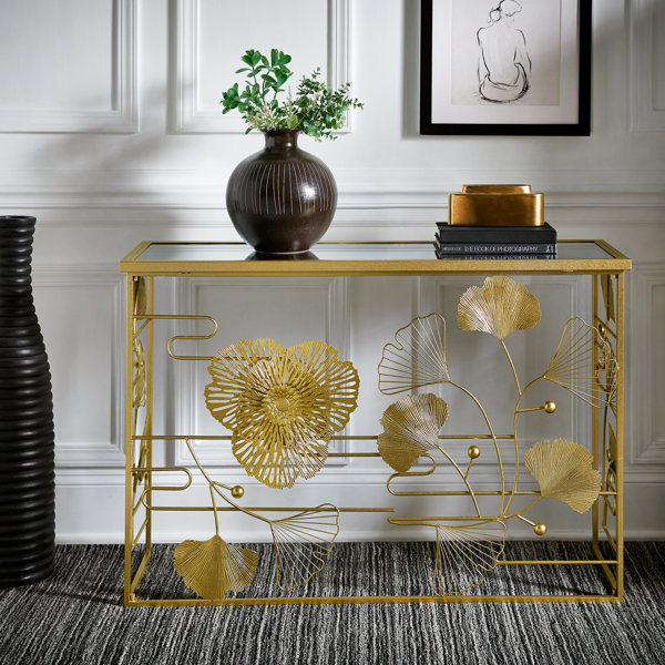 House of Hampton® Lenssen Gold Finish Peony And Ginkgo Console Table ...