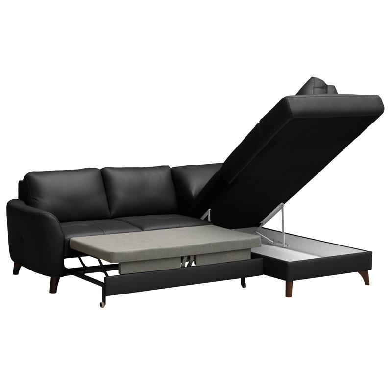 Canapé d'angle en cuir avec fonction de sommeil et rangement, Orienté à droite, Noir