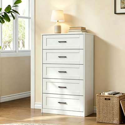 Commode blanche à 5 tiroirs, commode pour chambre à coucher, unité de rangement de commode d'armoire moderne avec poignée pour le salon, le placard, le couloir