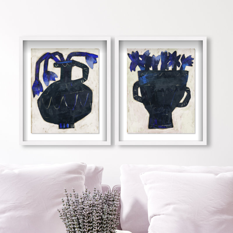 Indigo Vases Set Shadowbox Floral & Botanical Print by Oliver Gal, Black Frame, 16 x 20, 51"H x 43"W, White Shadowbox