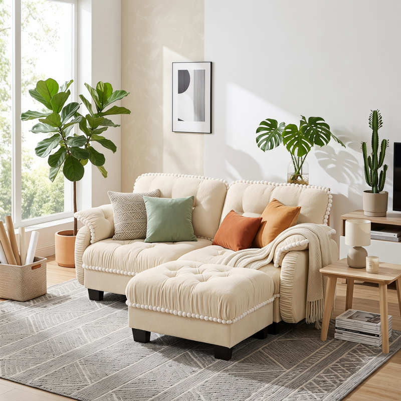Causeuse modulaire en L avec repose-pieds mobile Chenille Cloud, Cream Beige