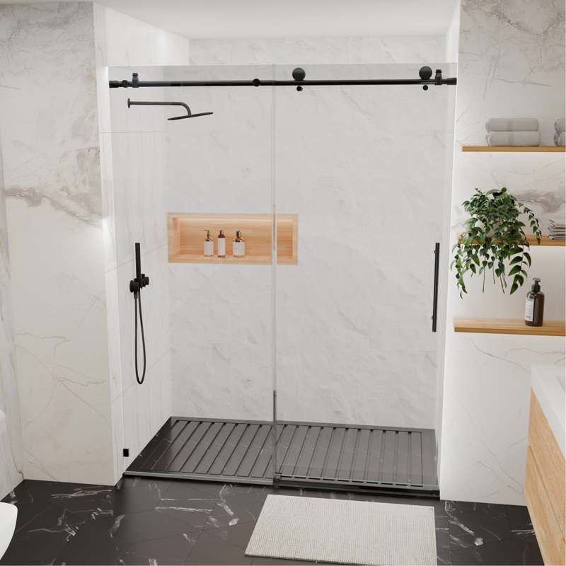 56-60"W x 76"H Frameless Shower Door, Sliding Shower Door, with Premium 5/16"(8mm)Thick Tempered Glass Shower Enclosure ,Chrome Matte Black With Buffer, kd