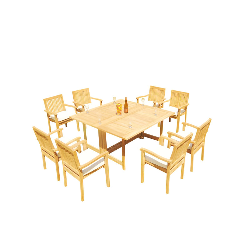 8 Seats 9 Pcs Grade-A Teak Wood Dining Set: 60" Square Rectangle Butterfly Table And 8 Leveb Stacking Arm Chairs, 8