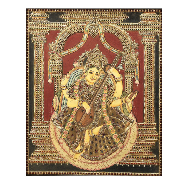 Déesse Saraswati Tanjore, peinture | Couleurs traditionnelles avec or 24 carats | Structure en bois de teck