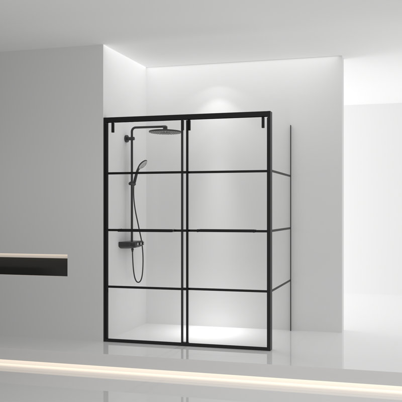 Porte de douche coulissante réversible encadrée avec panneau latéral 32 po noir mat et verre transparent transparent 8 mm Trevor