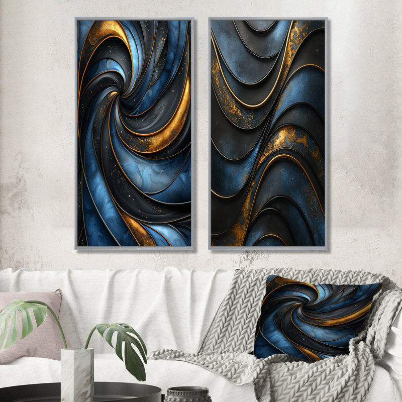 Fractale turquoise dérive de marbre I - décoration murale abstraite 2 panneaux, H 32 po x l 33 po, Encadrement argenté