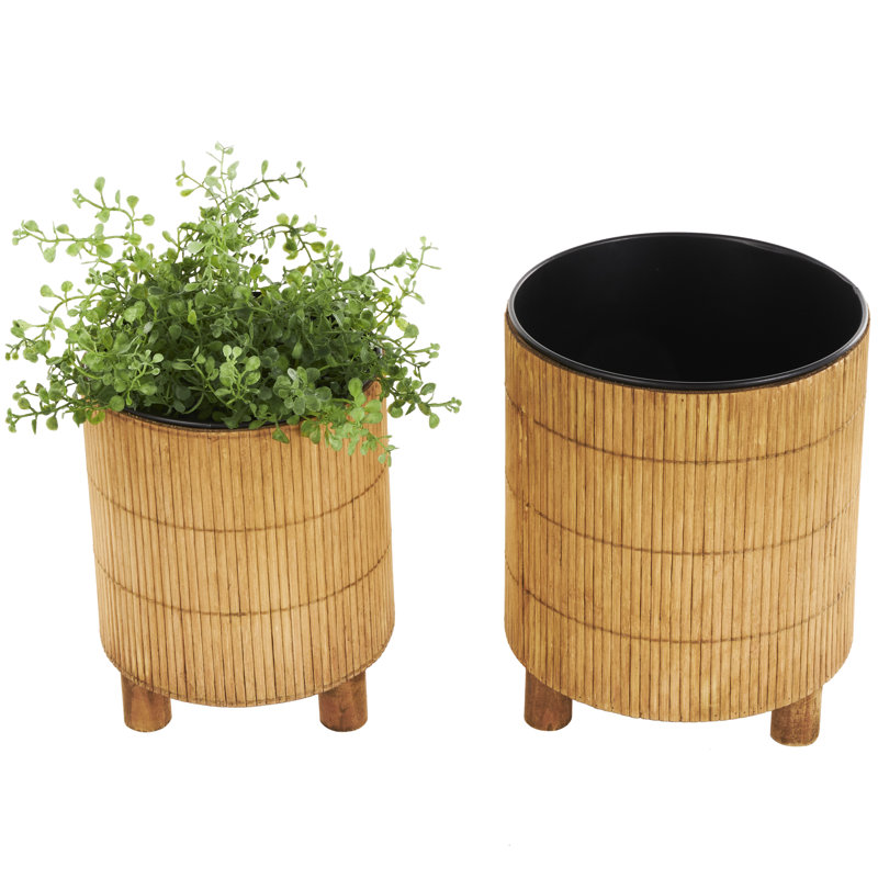 Fincham 2 Piece Bamboo Wood Handmade Indoor Brown Planter with Black Metal Interior Set, 9.05'' H x 7.15'' W x 7.15'' D