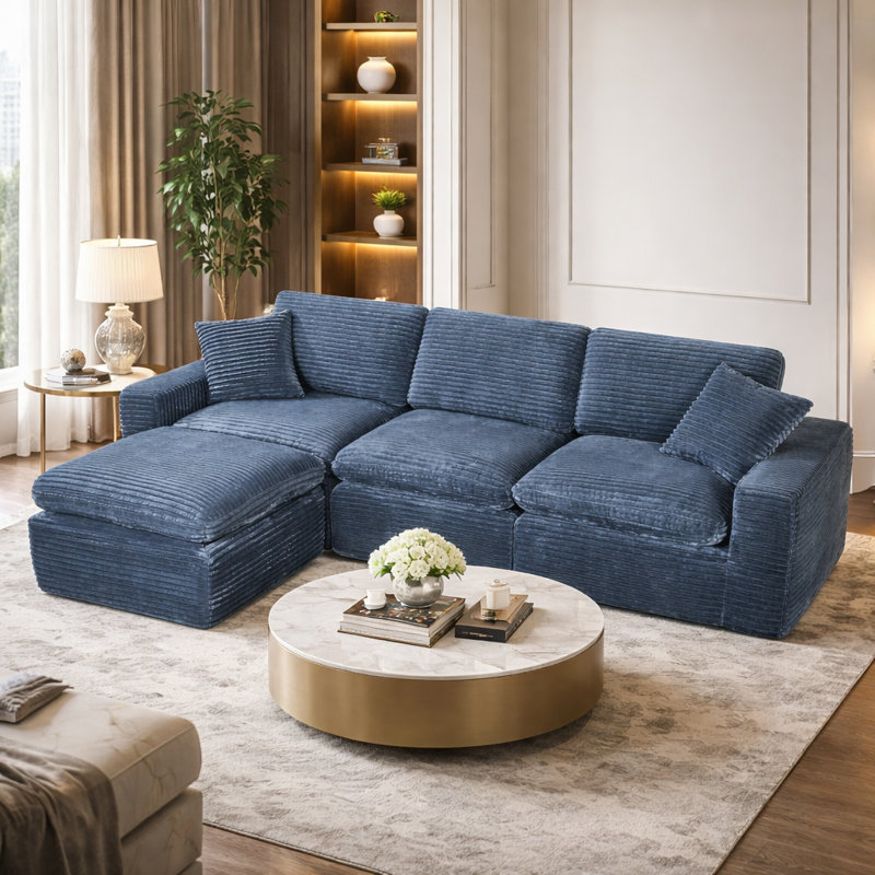 Canapé modulaire avec repose-pieds en velours côtelé Azzuro