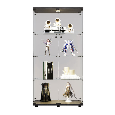 4 Shelves And 2 Doors Glass Display Cabinet With Led Lights, Floor Standing Curio For Living Room, Bedroom, Office, 64.7"X31.7"X14.3", Black - Stylish Storage Collectibles 64.7"X31.7"X14.3"