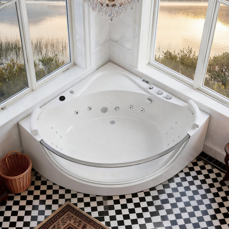 59" x 59"  Corner Whirlpool Bathtub 2 Person Hydro Massage Jetted Tub Acrylic Soaking Tub with LED Lights and Hydro Massage