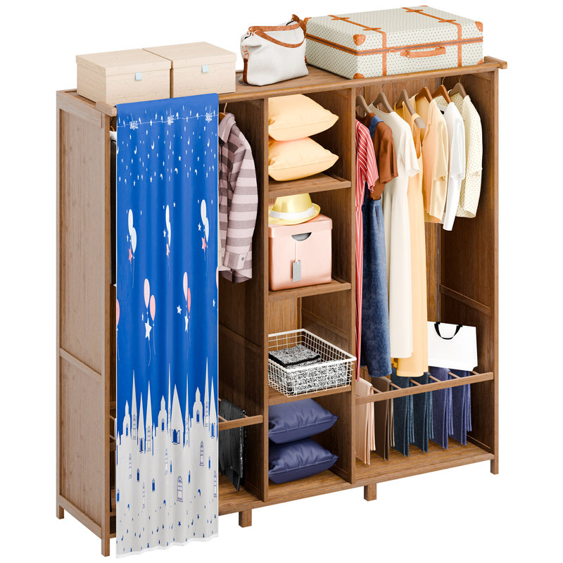 Garde-robe de garde-robe, garde-robe portatif pour la chambre à coucher, support à vêtements avec 2 tringles de suspension, 6 tablettes et rideaux d'ouverture, rangement pour vêtements