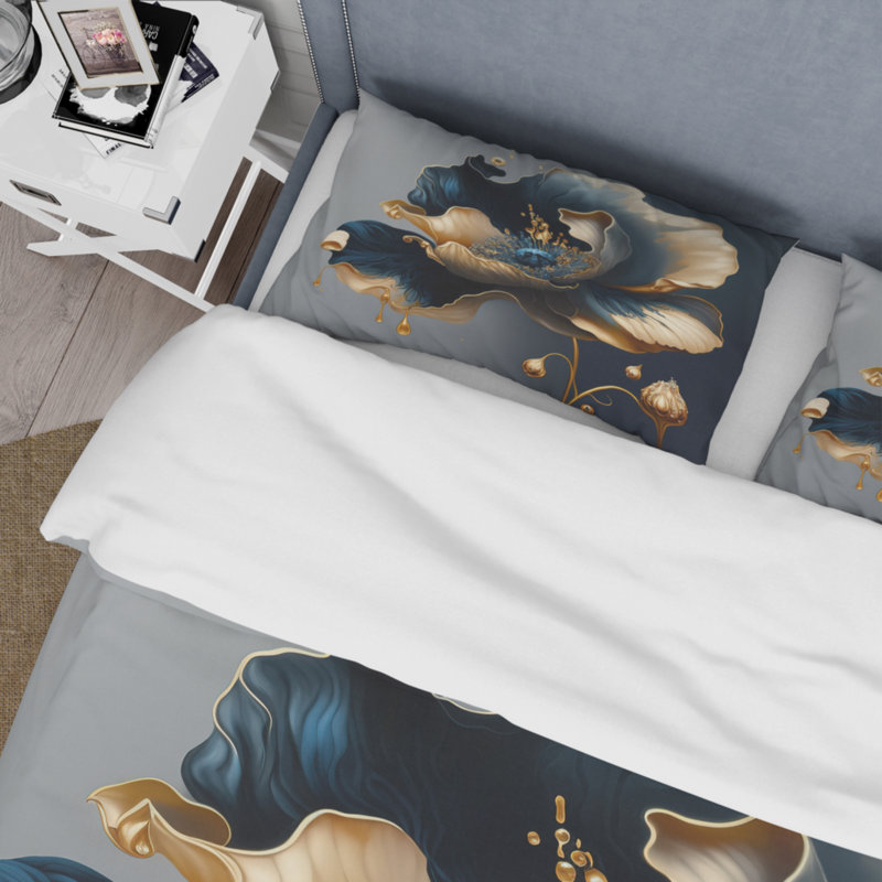 Ensemble de housse de couette en microfibre / polyester bleu foncé et or fleur simple II