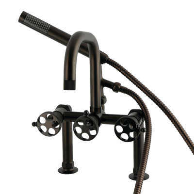 Robinet pour baignoire à pattes à 3 poignées à 2 trous avec poignée moletée et douche à main Kingston Brass Webb