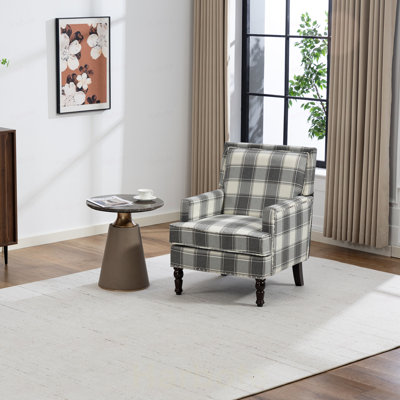 Chaise d'appoint rembourrée, fauteuil vintage avec pieds en bois massif, tissu en lin gris et garniture cloutée pour le salon