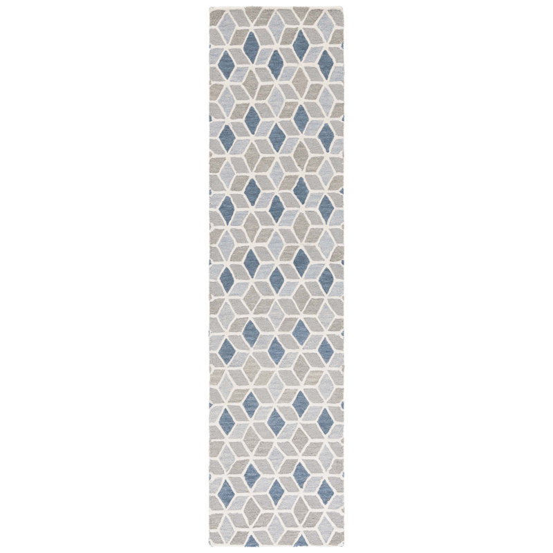 Ebony Hand Tufted Wool/Cotton Geometric Rug in Ivory/Blue, Runner 2'3" x 9'